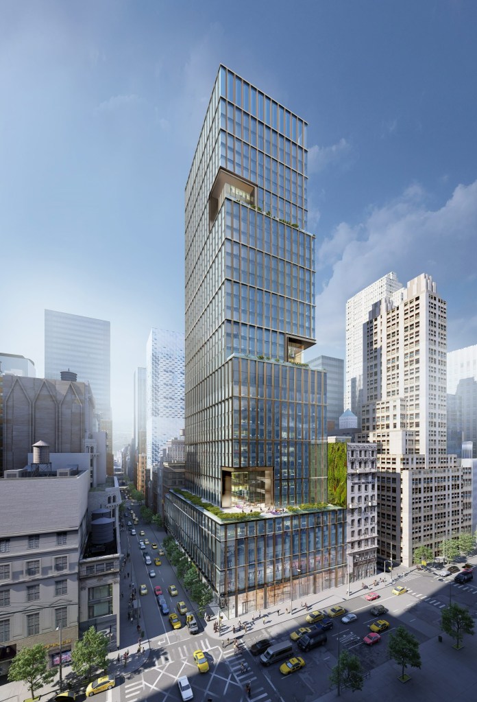 IKEA's future store in a tall glass tower at 570 Fifth Avenue, Midtown Manhattan, under construction